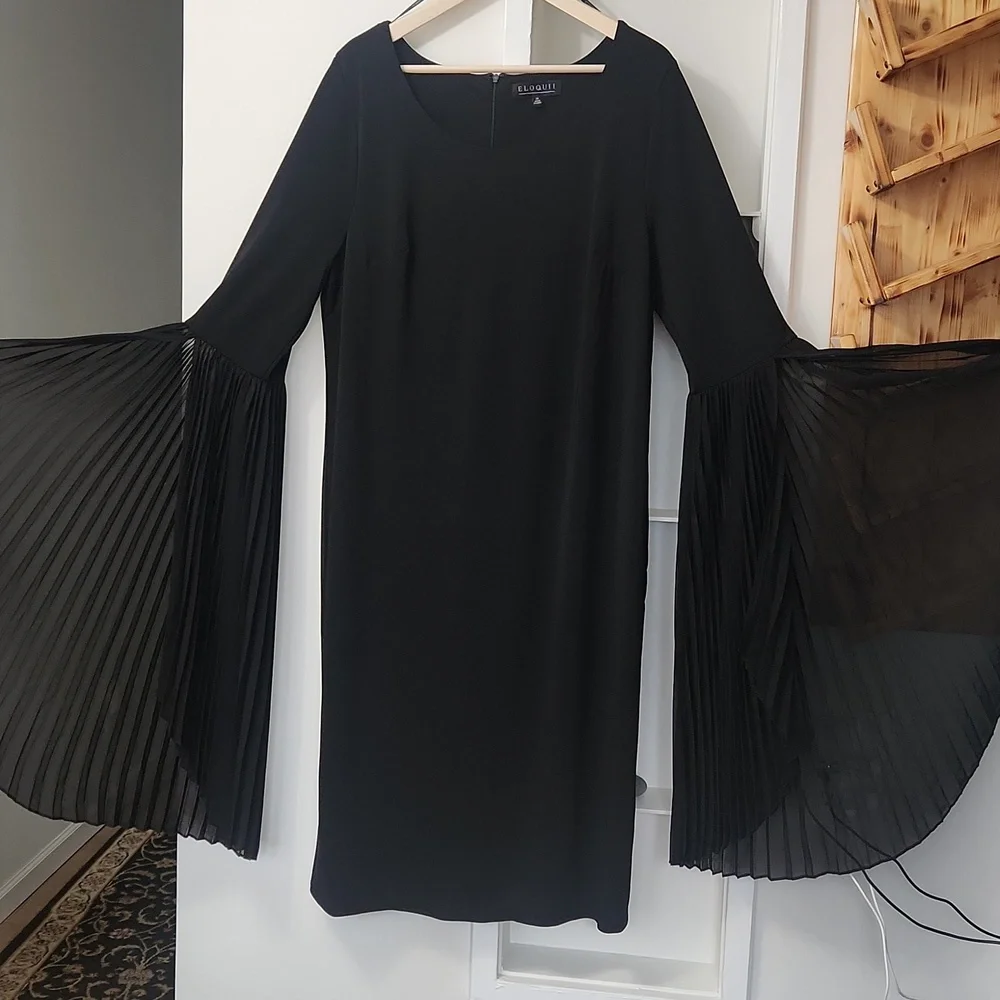 Eloquii Black Pleated Sleeve Scoop Neck Stretch Midi Dress Women's 20 - Picture 2 of 16